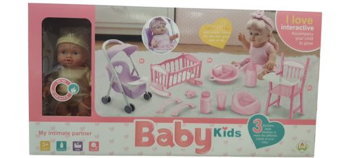 Interaktív játékbaba babakocsival és etetőkészlettel