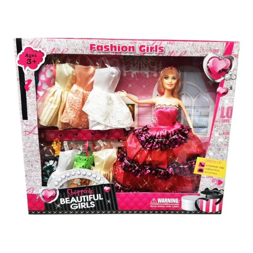 Divatbaba készlet váltóruhákkal és kiegészítőkkel